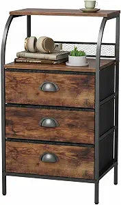 Nightstand with 3 Drawers, Tall Bedside Table with 2-Tier Wood Shelf, 3 Fabric Night Stands for Bedroom, Sturdy Steel Frame, Wood Top, Rustic Brown