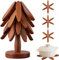 Vertdens Wooden Trivets for Hot Dishes, Hot Dish Coaster with Tree-Shaped Wood Collapsible Hot Pad Trivet Tree for Restaurant, 4 Wooden Trivet + 1 Standï¼ˆWalnut Woodï¼‰