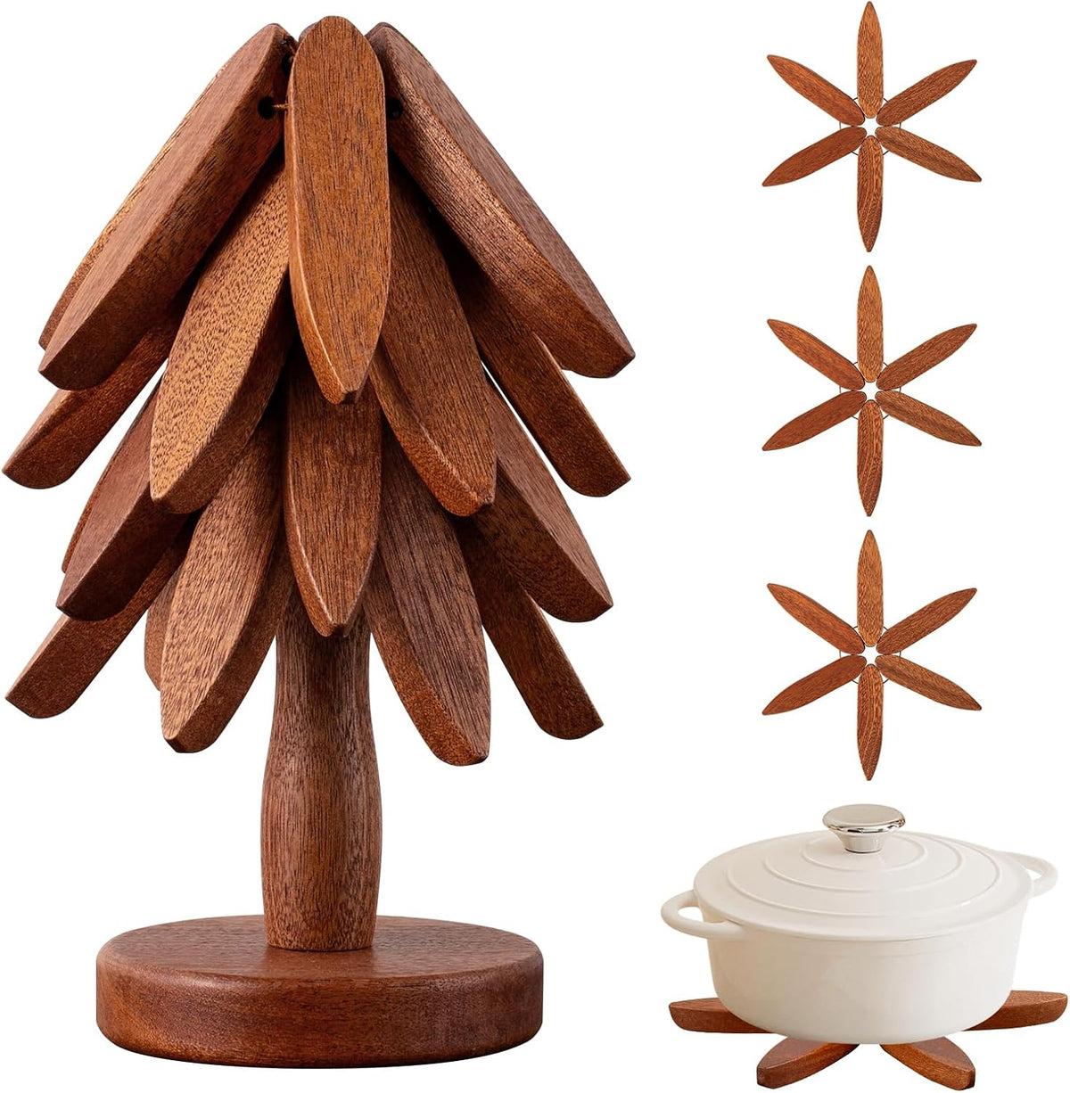 Vertdens Wooden Trivets for Hot Dishes, Hot Dish Coaster with Tree-Shaped Wood Collapsible Hot Pad Trivet Tree for Restaurant, 4 Wooden Trivet + 1 Standï¼ˆWalnut Woodï¼‰