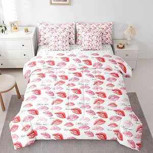 Feelyou Girls Red Lips Comforter Set with Sheets 7 Piece Queen Size