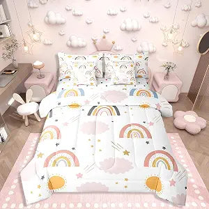 Erosebridal Rainbow Full Size 7 Piece Bedding Set for Kids Kawaii Stripes