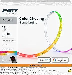 Feit Electric Smart Light Strip 16FT, Ultrathin RGBW Color Chasing LED Light Strip, 2.4GHz Wi-Fi Enabled, Works with Alexa and Google Home Assistant, Remote Control, (0.4in x 192in) TAPE192/CHASE/AG
