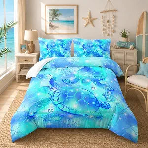 Nttopship Sea Blue Dream Turtle Comforter Sets Twin Size Sea Turtle Bedding Sets for Kids,Sparkling Fish Scale Theme All Season 1 Comforter and 2 Pillowcases