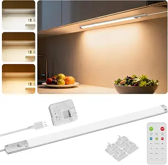BLS 0.3" Ultra Thin Motion Sensor Under Cabinet Lights Plug in, 400LM 3 Color Dimmable LED Light Bar with Remote, USB Wired Under Counter Lighting for Kitchen Desk Shelf Workbench (No Battery), 14inch