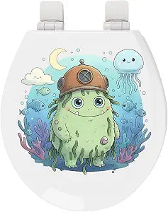 Toilet Seat, Slow Close, Premium Moulded Wood, Quick Release, 3D Relief Texture, PIKLiDS, Whimsy Monsters 3D Relief Series (Seabed Scout, Round)