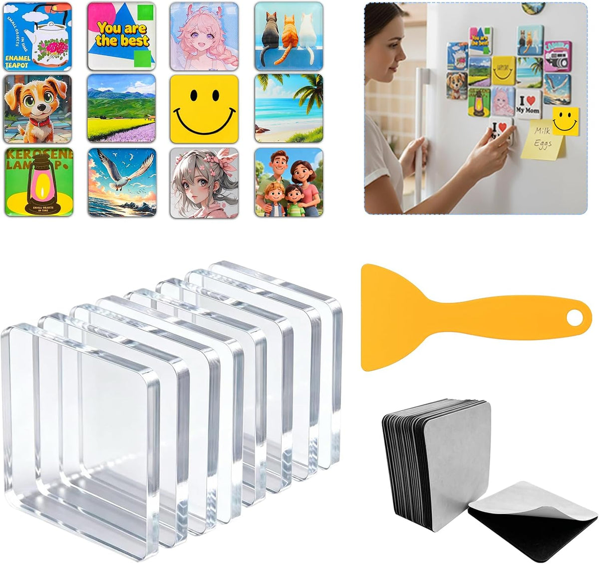 25 DIY Fridge Magnet Kit,Thickened 2" Square Clear Acrylic with Adhesive
