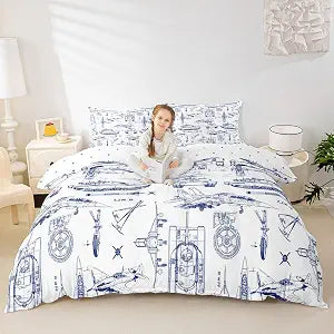Aircraft Tank Duvet Cover Set Full Size,Kids Boys Plane Cars Transport Vehicles Bedding Set for Teens Men Adult Room Decor,Military Style Comforter Cover Modern Navy White Quilt Cover,2 Pillowcases