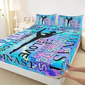 Gymnastics Dance Lovers Kids Fitted Sheet Full Size,Starry Sky Tie-dye Cute Bedding Set,Girls Boys Adults Home Decor,Gymnast Silhouette Dreamy Bed Cover,Colorful Bed Sheet,2 Pillowcases