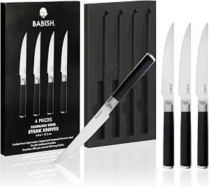 Babish 4-Piece Forged Kitchen Steak Knife Set  High-Carbon 1.4116 German Steel Cutlery  Sharp & Durable Steak Knives for Dining and Grilling, Black ABS