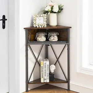 VECELO Corner Cabinet/Table, 3-Tier Display Shelves with Protection Door, Metal Frame Storage Shelf Organizer for Small Space, Living Room, Kitchen, Bathroom