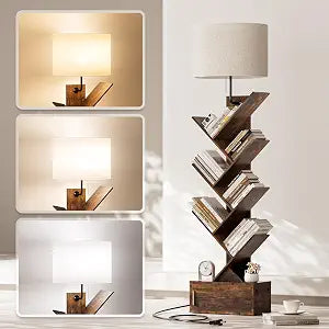 Tree Bookshelf with Light, 6 Tier Narrow Bookcase with Storage Cabinet, Tall Corner Book Shelf for Small Spaces, Vertical Floor Standing Organizer for Bedroom Living Room Home Office, Rustic Brown