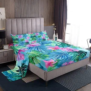 Tropical Summer Bed Sheet Set for Kids Teens Adults,Palm Leaves Green and Pink Fitted Sheet Full,Watercolor Flowers Hawaii Themed Bedding Sheet Set with Deep Pocket for Bedroom Living Room