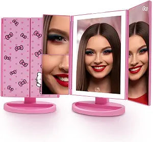 Impressions Vanity Hello Kitty Pink A Dot Trifold LED Makeup Mirror with Artwork, Vanity Mirror with Strip LED Tri Tone Light, Dual Magnification Touch Sensor, and Adjustable Tilt, Catchall Storage
