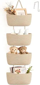 Dahey Over The Door Hanging Basket Storage 4-Tier Woven Wall Basket, Jute