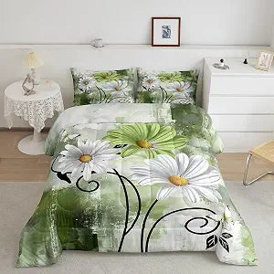 Farmhouse Floral Comforter Set Country Flower Bedding Set for Kids Boys Girls Abstract Room Decor,Rustic Green Daisy Down Comforter Toddler,Wooden Butterfly Duvet Insert Farm Olive Green Quilt Duvet