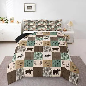 Rustic Patchwork Comforter Set,Bear Moose Bedding Set Queen For Kids Boys