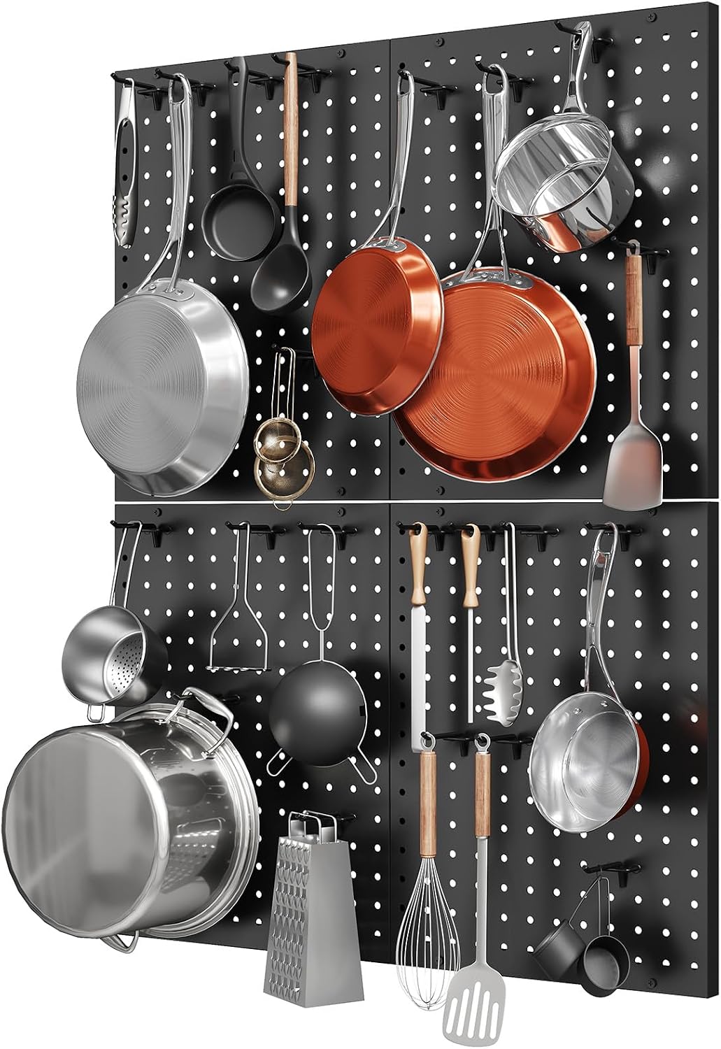 Hencawima Wall Mounted Peg board, 4 Pack Pot and Pan Organizer with 20 Hooks, Modular Kitchen Storage for Pots, Pans, Lids and Utensils, Easy Assembly