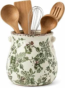 Vintage Ceramic Utensil Holder Sage Floral Crock 6.6 Inch