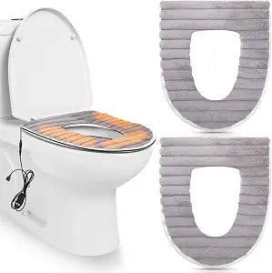 Hortsun 2 Pcs Heated Toilet Seat Cover, USB Powered Toilet Seat Elongated Warmer 5-Speed Adjustable Temperature and Timing Function, Soft Plush Fabric, Easy To Clean and Installation(Grey)