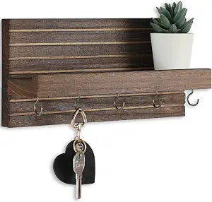 Lwenki Decorative Key Holder for Wall with Shelf, Entryway Shelf with Hooks Holds Leashes, Jackets and Glasses  Sturdy Wood Keyholder Entrance Hanger with Mounting Hardware (Brown, Medium)