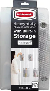 Rubbermaid Clear Waterproof Shower Curtain Liner with 5 Storage Pockets, Heavyweight 8g PEVA Shower Liner for Bathroom, with Gray Rustproof Grommets and Pockets, 70x72, Standard Size, Clear