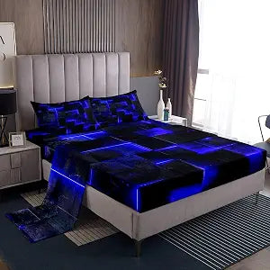 Erosebridal Black and Navy Blue Bed Sheets Set Modern Abstract Full Size Sheet Sets, 3D Glowing Plaid Sheets Full Gradient Grid Bed Set, Neon Square Flat Sheet 4pcs