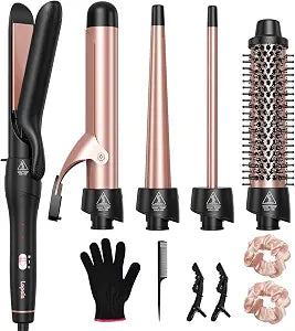 Lopeie 5 in 1 Curling Iron with Thermal Brush and 4 Interchangeable Ceramic Barrels(1/2 to 1 1/2 inch), Curling Wand Set with Flat Iron, Fast Heating, Dual Voltage Hair Curler, Gifts for Women