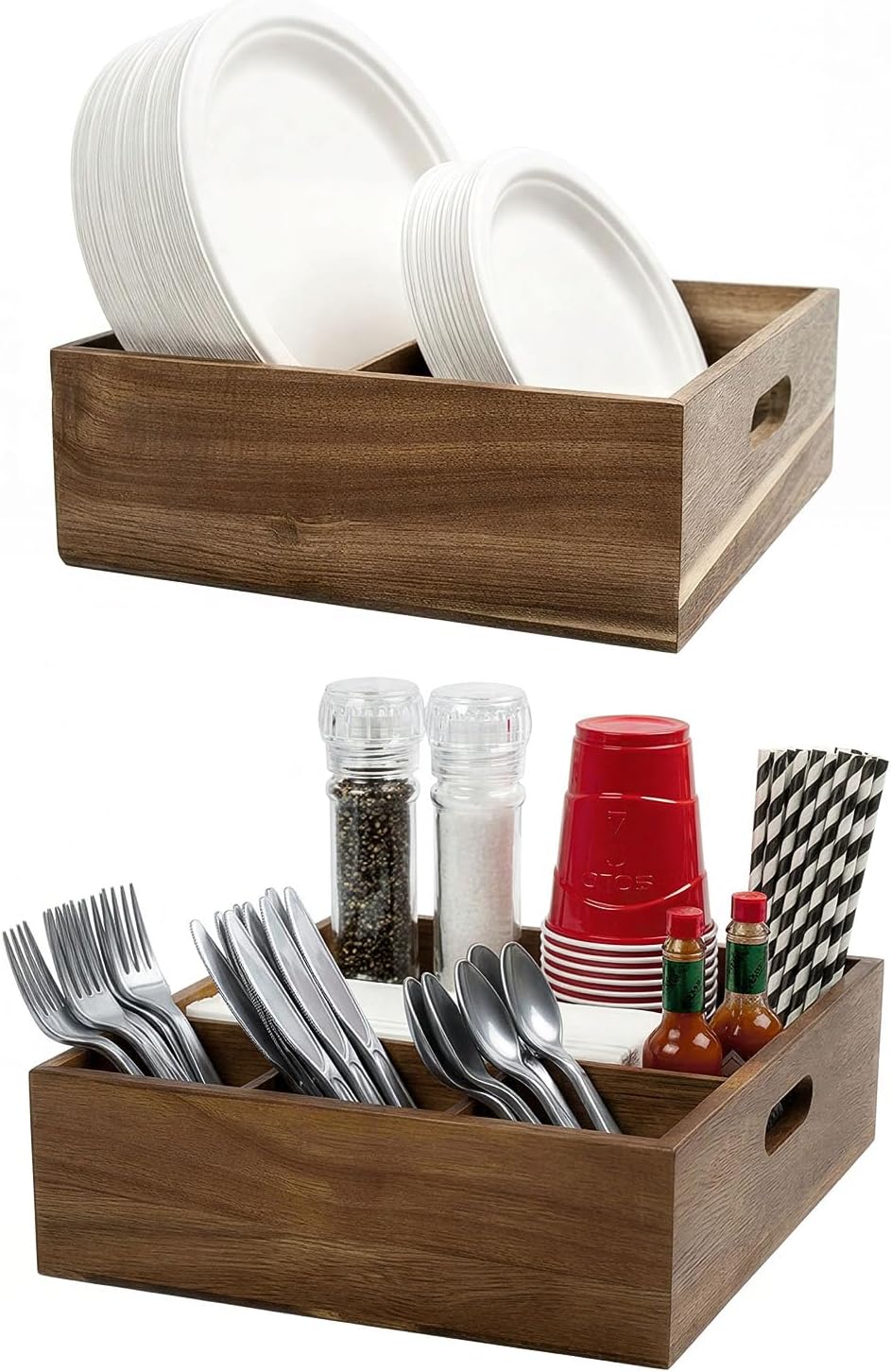 Acacia Wood Utensil Holder for Party -Nested Set of 2(Large 11" x 9.5" Plate Holder & Small 10" x 9" Utensil Caddy) Silverware Caddy for Countertop - Holds Plates, Napkins, Cups, Spoons, Forks