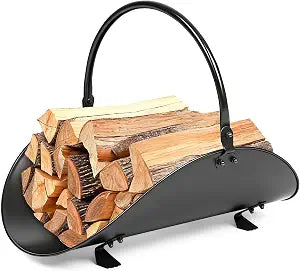 AMAGABELI GARDEN & HOME Fireplace Log Holder Indoor Firewood Carrier Metal Wood Rack Holder Tools Covers Fire Wood Basket Container Sets Ash Bucket and Carrying Bag Black Hearth
