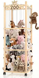 Stuffed Animal Storage Zoo Tower,56In Wooden Large Stuffed Animal Holder Organizer with Wheels,Stuffy Plushies Storage with Elastic Band&Mesh Bottom,Toy Storage Organizers for Playroom Bedroom Nursery