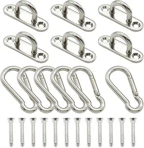 6 Pcs Stainless Steel 1.89 Inch Strip Type Eye Plate and 6 Pcs Stainless Steel Snap Hook for Ceiling Hook Loop Wall Mount Hanging Hardware Fitting