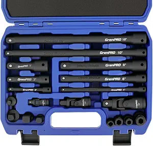 GRENPRO 19-Piece Impact Socket Extension Set 50BV30 | Socket Extension Bar, Swivel Universal Joints, Impact Coupler, 1/4" 3/8" 1/2" Drive Socket Adapter