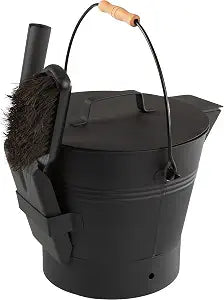 Pure Garden Ash Bucket with Lid, Broom, and Shovel, Black, 11x12.2x11