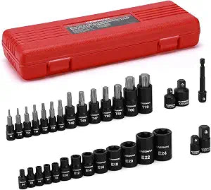 CASOMAN 32-Piece Torx Bit Socket and Female External Socket Set, 14 Star Bits (T8- T70) and 13 Female E-Torx Sockets (E4-E24), Include 5 Impact Socket Adapter