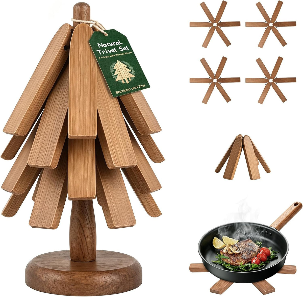 Large Wooden Trivets for Hot Dishes and Pots Stackable Trivet Tree Set of 4