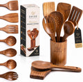 9-Piece Teak Wood Cooking Utensil Set with Holder & Spoon Rest, Wooden Spoons & Spatulas, Non-Scratch Heat-Resistant Kitchen Tools for Nonstick Cookware