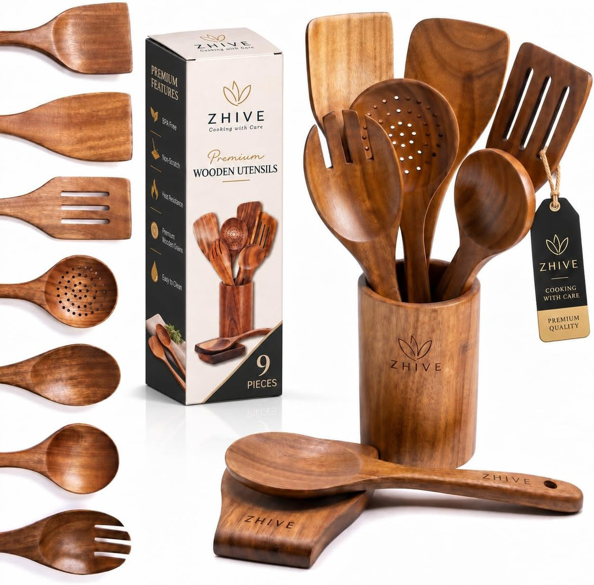 9-Piece Teak Wood Cooking Utensil Set with Holder & Spoon Rest, Wooden Spoons & Spatulas, Non-Scratch Heat-Resistant Kitchen Tools for Nonstick Cookware