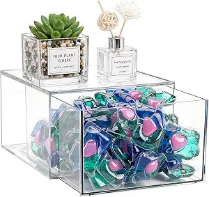 Sumnacon 1 Pack Laundry Pods Container, Clear Stackable Storage Box with Drawer, Plastic Dishwasher Pods Holder, Laundry Room Organization for Dryer Balls, Clothes Pins and Other Laundry Accessories