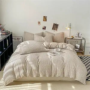 Nayoroom Gingham Duvet Cover Set Queen Brown Tan Plaid Checkered Bedding