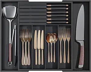 Utensil Organizer Silverware Tray for Drawer - Bamboo Knife Drawer Organizer Expandable Cutlery Organizer in Drawer Knife Block W12.8-20.2" x L16 x H2 (Black)