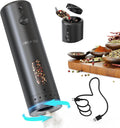 CIRCLE JOY Electric Pepper Grinder Rechargeable, Automatic Pepper Mill with 110ml Container, External Adjustable Coarseness, White Led Light and One-Handed Operation, Black