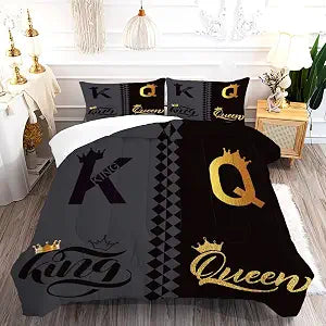 King Queen Crown Comforter Set Queen Size Black Grey Bedding Set for Teens Women Men Adults Couple Quilt Bedroom Decor, 1 Comforter 2 Pillowcases