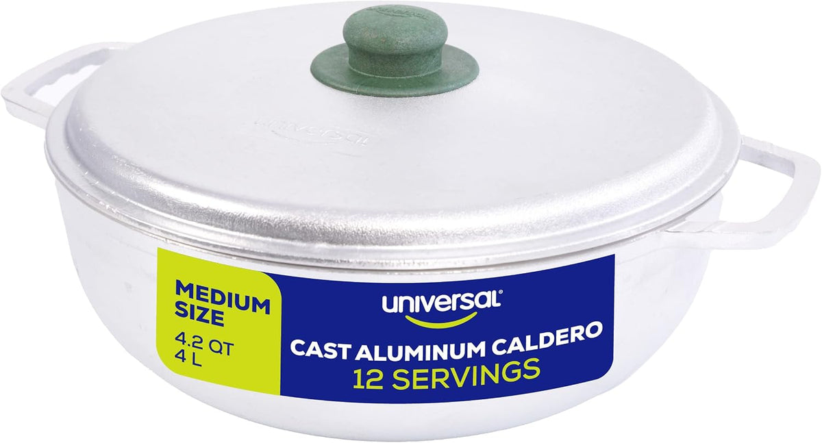 Universal (4.2 QT / 4 Liter) Caldero Pot with Lid, Cast Aluminum Rice & Cooking Pot, 12 Cup Capacity for Rice, Beans, Soups, Stews, Frying & Everyday Family Cooking