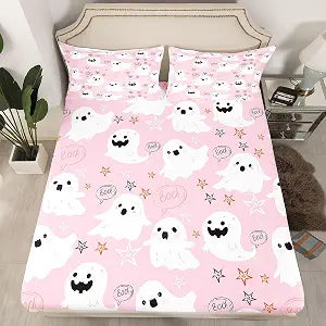 Feelyou Halloween Fitted Sheet Ghost Pink Twin Size Bedding Set Decoration for Kids Boys Girls Happy Funny Halloween Cute Bed Sheets Kawaii Sheets Set,No Top Sheet