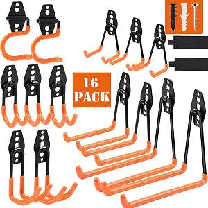 Steel Garage Storage Hooks, 16 Pack Anti-Slip Coating, Heavy Duty Wall Mount Hooks for Hanging Bike, Ladder, Garden Tools