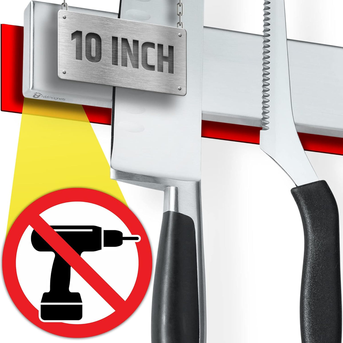10" Strong Adhesive (No Drill) Magnetic Knife Holder for Wall - Professional Knife Strip - No Screws Needed - Adhesive Backing - Stainless Steel Bar (Upgraded Version - Will Not Fall)
