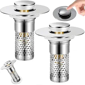 Bathroom Sink Drain Strainer 2 Pack,Bathroom Sink Stopper with Pop-Up Drain and Removable Hair Catcher, Stainless Steel Filter Basket, Fits Standard US Bathroom Sinks