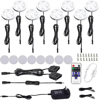 AIBOO Kitchen Under Cabinet Lighting LED 12Vdc 8 Pack Black Cord Aluminum Puck Lights for Counter Closet Furniture Shelf Lighting Dimmable with RF Wireless Remote Control(6000K Daylight White)