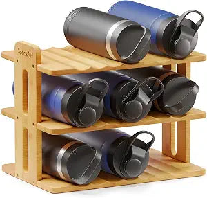 SpaceAid Bamboo Water Bottle Organizer with Labels, Kitchen Pantry Water Bottle Storage Rack for Cabinets, Home Cup and Wine Bottle Holder Shelf Organizers, (3-Tier, Hold 9 Bottles)