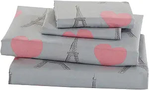 Linen Plus Sheet Set for Girls Teens Paris Eiffel Tower Hearts Grey Pink Flat Sheet Fitted Sheet and Pillow case Full Size